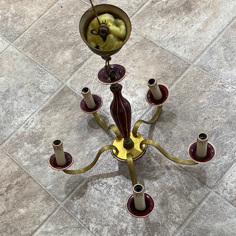 Vintage Brass and Burgundy Ceramic Chandelier